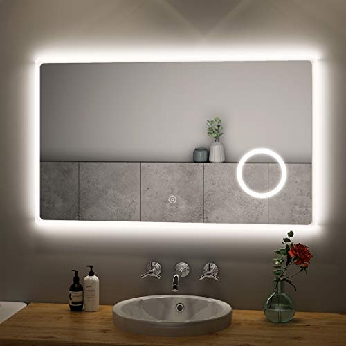 S'AFIELINA Badspiegel mit Beleuchtung 100x60cm, Spiegel mit Beleuchtung mit Touchschalter, Kaltweiß Lichtspiegel 6500K, 3-Fach Vergrößerung, Speicherfunktion, IP44 Energiesparend Einfach Installation