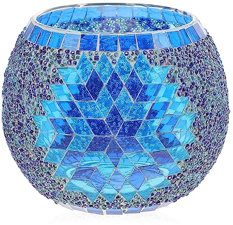 Uonlytech Candelabro de cristal de mosaico hecho a mano romántico candelabro candelabro para decoración del hogar restaurante sin vela (azul)