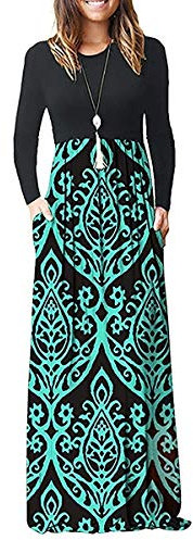 AUSELILY Damen Langarm Maxikleider Lässige Langkleider mit Taschen Winter Schwarz Grün XL