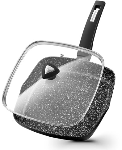KOCH SYSTEME CS 9.5 Inch Nonstick Grill Pan for Stove Tops, Marble Coating Square Grill Skillet with Lid, Fry Pan Compatible with all Stoves, Ultimate Nonstick Skillet with Bakelite Handle, Toxic-Free