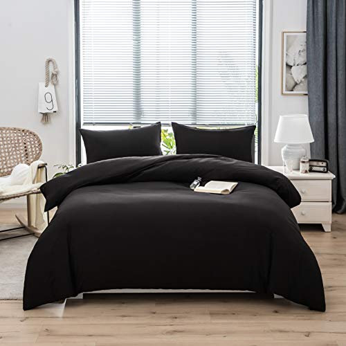 AYSW 4 Pièces Sets de Housse de Couette 220x240cm Double Fermeture Éclair Noir Drap Housse 140x190/200cm + 2 Taies d'oreiller 65x65cm Parure de Lit Adulte 2 Personnes en Microfibre Brossé