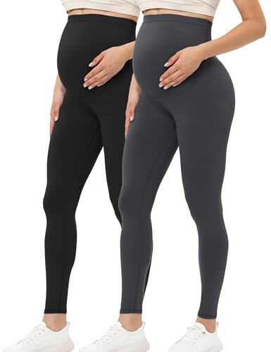 Buttergene Damen Umstandsleggings über dem Bauch Schwangerschaft Active Wear Workout Yoga Tights Hose, 2er-Pack, Schwarz/Dunkelgrau, M