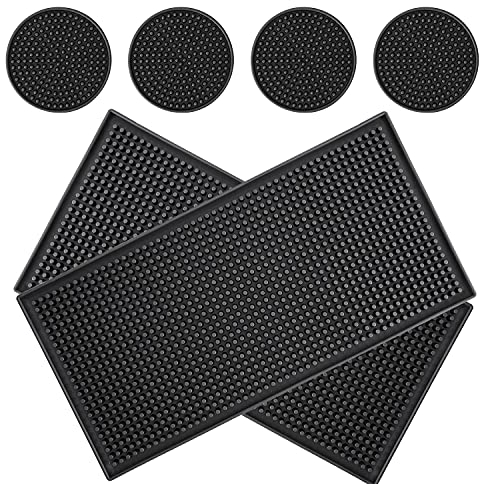Barmatte, Tendak Bar Service Mat 2 Stück (30 x 15 cm) Anti-Rutsch Gummi Abtropfmatte Bar Zubehör, Premium Bar Matte für Bar Club Küche Café, mit 4 Untersetzer, Schwarz