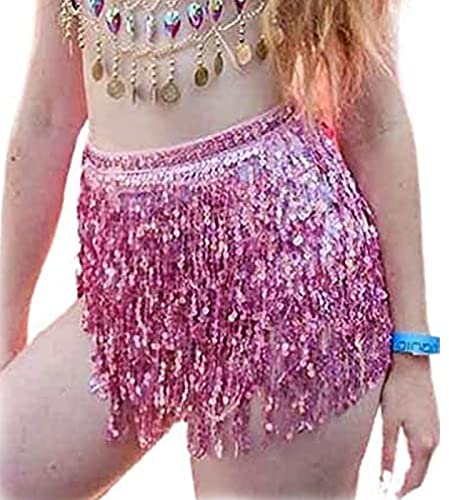 Larancie Paillettenrock, Bauchtanz, Quaste, Schal, Pailletten, Wickelrock, Party, Rave-Kostüm für Damen und Mädchen (Rosa).