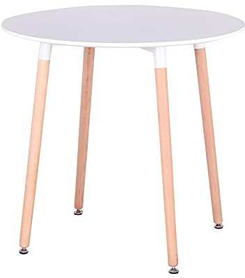 EGOONM Table de Cuisine Ronde Moderne avec Pieds en Bois de Hêtre, Table Basse Scandinave, Table D'appoint pour Le Bureau à Domicile, 80cm*80cm*75cm, Blanc (sans Cadre en métal)