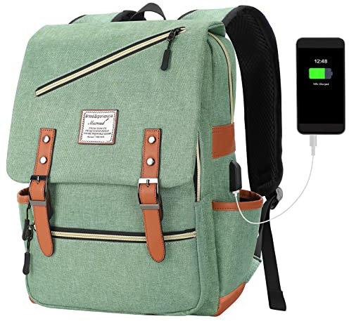 Mecrowd Vintage Laptop Backpack: School Backpack for 15.6 Inch Laptop, Computer Backpack with USB Charging Port, Green, M