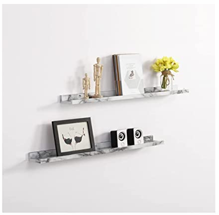 spot on dealz® set of 2 Photo Floating Picture Ledge display wall shelf 48 cm length with Marble PVC finish wooden decorative hanging picture Shelves small Living room furniture (48 x 10cm)