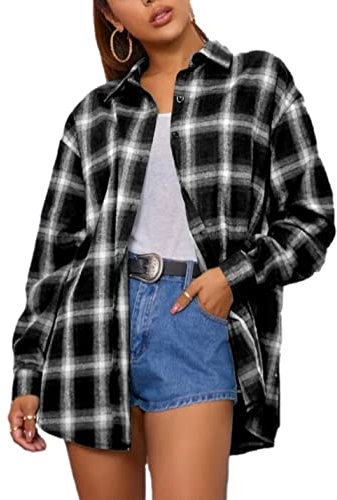 Zontroldy Chemise à carreaux en flanelle boutonnée à manches longues pour femme, noir, Taille L