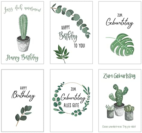 Edition Seidel Set 6 Premium Geburtstagskarten mit Briefumschlägen aus Kraftpapier. Happy Birthday Karte Glückwunschkarte zum Geburtstag Geburtstagskarte Mann Frau Grün Blätter Kaktus 50 60 70