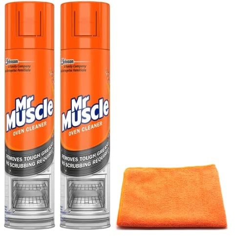 Mr Muscle Oven Cleaner Spray (2X 300 ML)- Oven BBQ Cleaner Degreaser- for Tough Grease, Grime with Ultra Absorbent Microfibre Cleaning Cloth (Pack of 2)