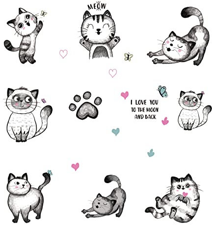 SUPERDANT 10 Stil Cartoon Katzen Wandtattoo Niedliche Katze Schlafzimmer Wandsticker Dekor Mit Herz Pfotenabdruck Wandaufkleber Vinyl Wandsticker Für Schlafzimmer Wohnzimmer Kinderzimmer Haus Haustier