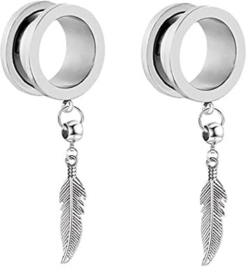 Mesnt 1 Paar Tunnel 6mm mit Anhänger, Edelstahl Rund mit Blattanhänger Ear Piercing Expander Flesch Tunnel Plugs, Silber