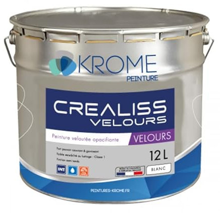 KROME PEINTURE - Krome Crealiss Velours – Peinture Opacifiante Acrylique pour Murs – Intérieur - Conditionnement 12L, Couleur BLANC