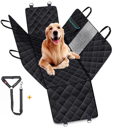 GoBuyer Dog Car Seat Cover Protector Liner Hammock for Car Boot and Back/Rear Seat Accessories - Universal, Heavy-Duty & Non-slip + Headrest Strap Seat Belt