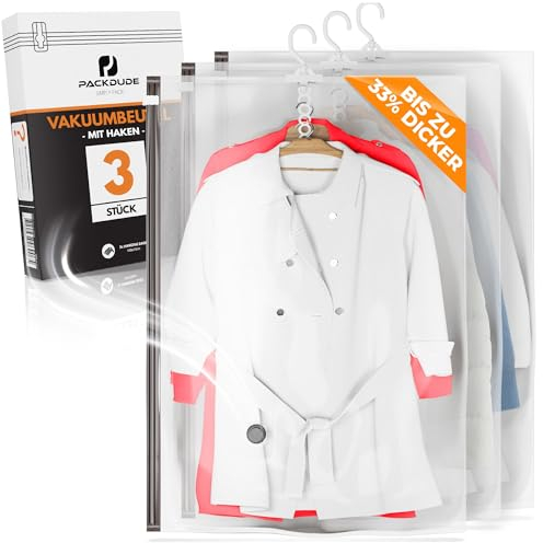 PACKDUDE Sac Rangement Sous Vide Aspirateur à Suspendre (avec Crochets) I 3 PIECES I Taille XL: 100x70cm I Sac Sous Vide Vetement Aspirateur pour Vestes, Manteaux I Hanging Vacuum Bags for Clothes