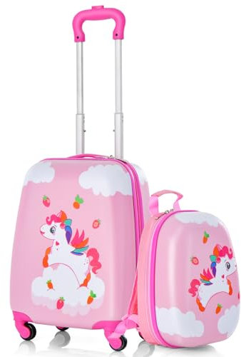 COSTWAY Valise Enfants à roulettes 16’’ & Sac à Dos 12’’ avec Poignée Télescopique, Bagage Enfants avec 4 Roues Rotatives Motif Licorne, Lot de 2 Valise pour Fille Garçon