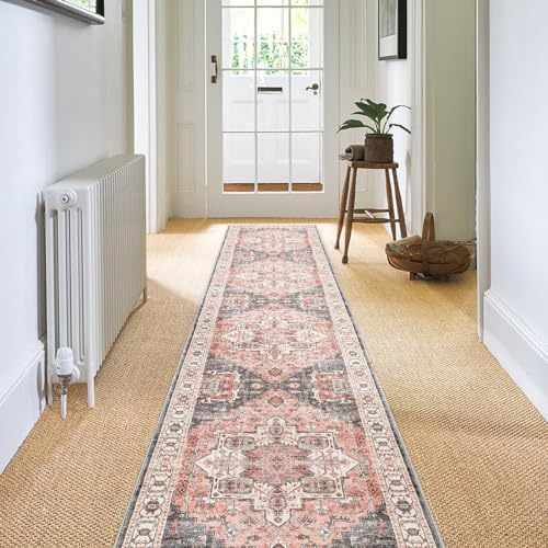 Carvapet Tapis de Couloir Long 60x300cm Tapis de Passage Lavable Antidérapant Doux Microfibre Vintage Médaillon Rose Tapis de Salon Chambre Cuisine