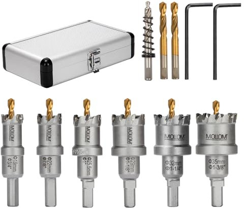 MOLLOM 6piezas (19-35 mm) Kit de Sierra de Carburo TCT para metal duro, que incluye con 5 brocas piloto adicionales y 3 llaves hexagonales