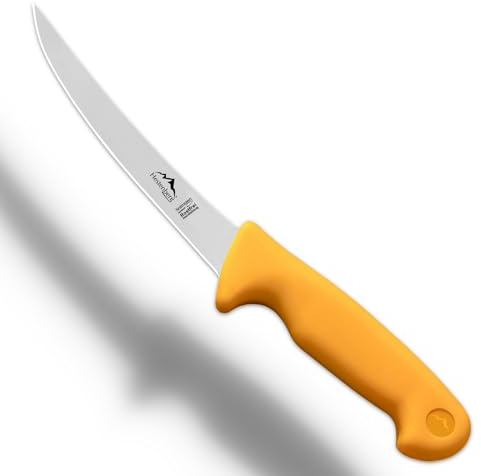 HESTENBERG Solingen Germany Ausbeinmesser gerade & gebogen in Gelb, geeignet als Metzgermesser, Schlachtmesser & Fleischmesser (6 Gebogen)