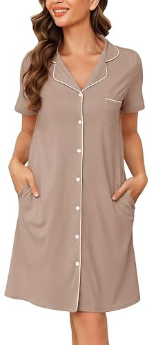 Vlazom Camicia da Notte Donna Estiva con Bottoni, Manica Corta Aperta Davanti, Pigiama Corto, Vestaglie Estive, L, A-Rosa Scuro