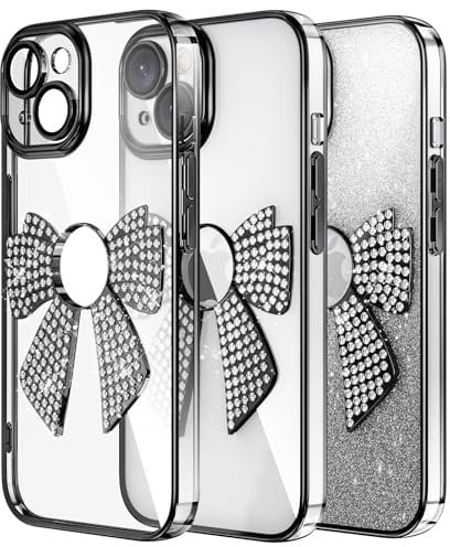 IMEIKONST Compatible with iPhone 13 Phone Case, Glitter Camera Protector Case Bling Shining Diamond Bow Elegant Design Soft TPU Thin Slim Fit Rubber Bumper Cover for iPhone 13. Black KDH