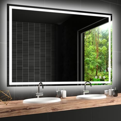 YOLEO Badspiegel mit Beleuchtung 100X90cm, Badezimmerspiegel LED mit Front- und Hintergrundbeleuchtung, Wandspiegel Spiegel mit Beleuchtung mit Memory-Funktion, 3 einstellbare Lichtfarbe