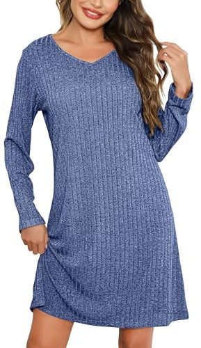 Lovasy Camicia da Notte Donna Inverno Camicia da Notte a Maniche Lunghe in Maglia a Coste Sottoveste Caldo con Scollo a V Morbido Pigiama Lungo Vestaglie per Casa e Casuale,A Blu,S