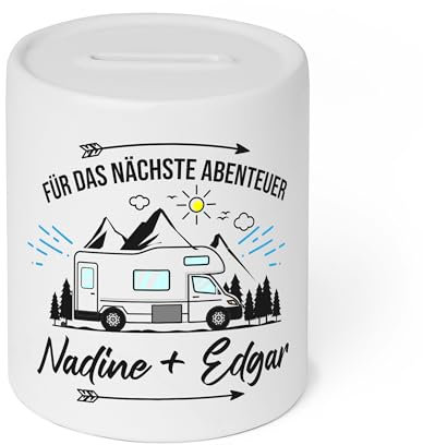 Personalisierbare Spardose mit Namen | Für das nächste Abenteuer | Hochwertige Keramikdose | Mit Wohnmobil-Motiv | Perfekt für Camper Camping