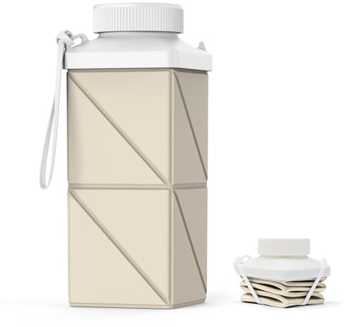 Mefold Ffaltbare Wasserflasche 516 ml, BPA-frei & auslaufsicher, leichte Silikon-Trinkflasche für Reisen, Sport, Radfahren & Fitnessstudio, wiederverwendbar, tragbar, 2. Generation, Champagnerweiß