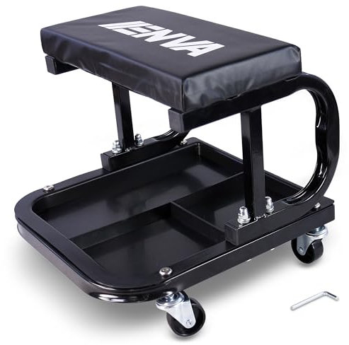 ENVA Werkstatt-Rollsitz mit Ablage Werkstatthocker mit 4 Lenkrollen komfortabler Rollhocker mit gepolsterten Sitz und praktischer Aufbewahrung für Werkzeug Montagehocker Arbeitshocker Werkstattsitz