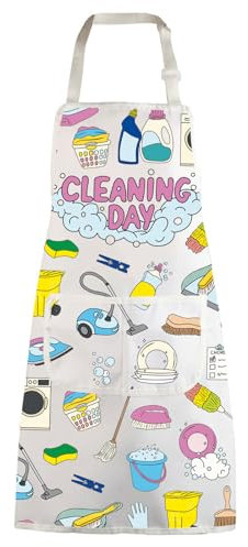 WZMPA Funny Cleaner Cooking Apron Cleaning Lady Gift Housekeepers Adjustable Apron With Pockets Cleaning Day Merchandise, Cleaning Day White