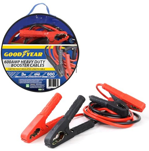 Goodyear Starthilfekabel, 3 m, 600 A, lang, leistungsstarke Spiralfederklemmen, farbcodierte Klemme, Tragetasche mit Reißverschluss, vollständig isoliertes Kabel, geeignet für Autos und Fahrzeuge,
