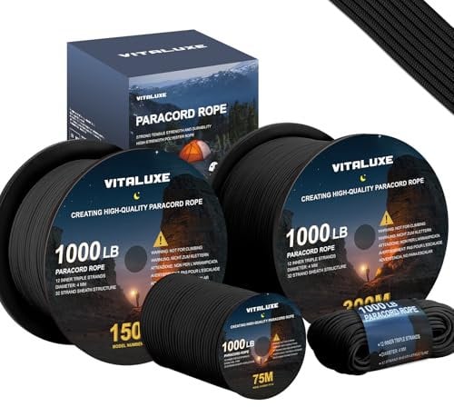 VITALUXE Paracord 1000 lb(453 chilogrammi), 4 mm, 30 m, 12 Fili, Corda per Paracadute, Tactical Parachute Cord Survival Gear per Campeggio, attività all'aperto, Ideale per Fai da Te, Tipo III