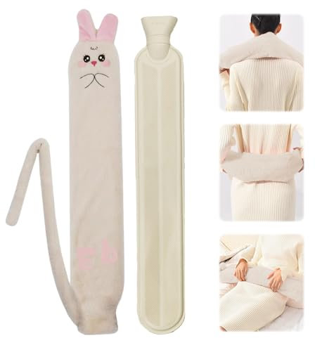 Lvjkes Bouillotte Peluche, Bouillotte Eau Chaude Longue, 2 Litres 72x12 cm Bouillotte en Caoutchouc Avec Couvercle, Amovible pour le nettoyage, Convient au cou, au ventre et au dos (Beige/Lapin)