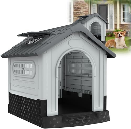 HENGMEI Hundehütte aus Kunststoff XL Haustierhaus Wasserabweisend 79.5×70.5×78cm Isoliert Hundezwinger Plastik mit erhöhtem Boden Schiebedach Katzenhaus Hundekäfig