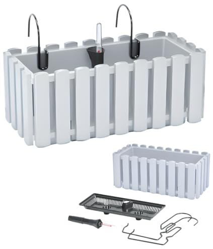 Blumenkasten Blumentopf Balkonkasten Latten-Optik mit Halterungen Wasserspeicher Pflanzkasten Pflanzgefäß inkl. Aufhängung Lattenzaun-Design (38 cm, Weiß)