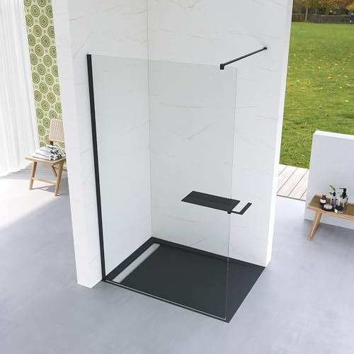 Duschwand Glas 110x200 schwarz Walk in Duschglas Begehbare Dusche Duschabtrennung mit Handtuchhalter Duschablage Duschregal Badregal Sicherheitsglas 8 mm klar NANO beschichtet mit Stabilisator