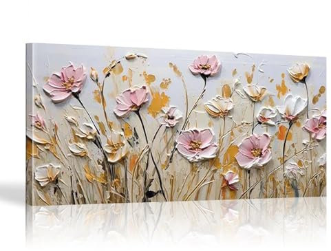 18meng Art Quadro da parete con fiori, rosa, giallo, astratto, moderno, stampa artistica per soggiorno, camera da letto, parete su tela, pronta da appendere (120 x 60 cm)