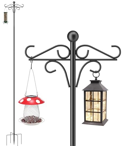 Bird Feeder Stand, 234cm Heavy Duty Double Shepherd’s Hook with 5 Prongs Base, hanging bird feeder Sturdy Freestanding Pole for Garden, Yard, or Patio, Rustproof & Easy Assembly Black (1 Pack)