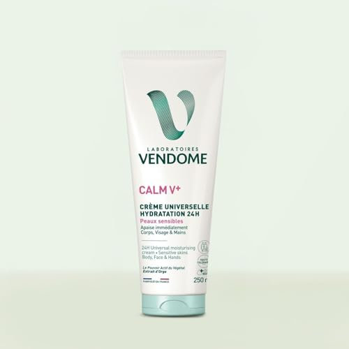 LABORATOIRES VENDÔME - CALM V+ - Crème Universelle Hydratation 24H - Apaise Et Hydrate Immédiatement Corps, Visage & Mains - Enrichi En Extrait D'Orge - Texture Légère - Peaux Sensibles - 250ml
