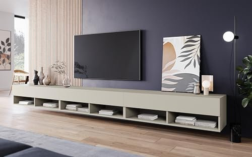 PIASKI Mueble de TV 300 cm LOWBOARD A, iluminación LED incluida, Mueble de televisor Grande, Mueble de televisión, Distintos Colores (Beige Cashmir)