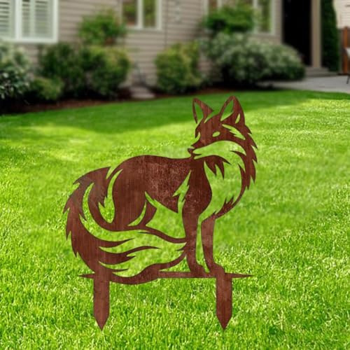JILIP Metall Fuchs-Gartendeko, Fuchs-Deko-Gartenstecker, Rostige Landing-Statue für Den Außenbereich, Tier-Gartenstecker