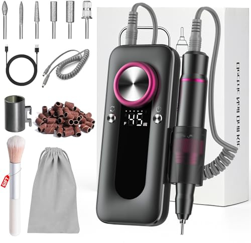 Gaethra Electric Nail File for Thick Nails, 45000RPM Electric Nail Drill, Professional Portable Nail Grinder for Acrylic and Gel Nails, Low Noise Rechargeable Electric Nail Grinder, 4000mah