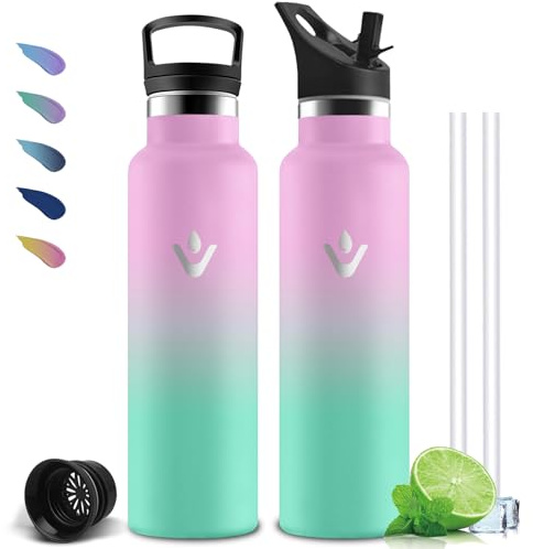 Thermosflasche, 1l Trinkflasche Edelstahl, BPA-Frei, Trinkflasche mit Strohhalm, Wasserflasche Auslaufsicher, Isolierflasche Doppelwandig, für Fitness, Camping, Wandern, Yoga