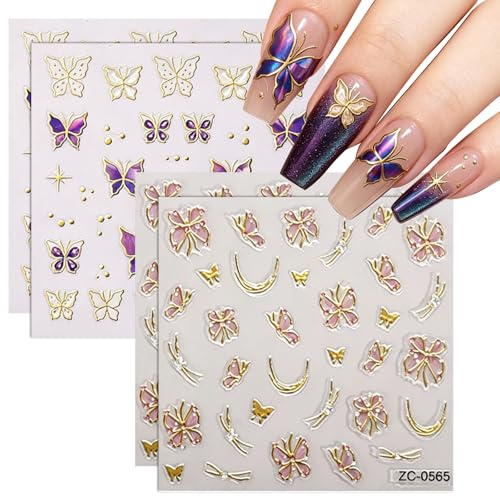 3D Nagelsticker,4 Blatt Nagel Sticker Schmetterling,Nagelsticker Selbstklebend,Stereoskopisch Dekoration Nageldesign Zubehör,Nagelfolie Geprägte Schmetterlinge Deko,Nail Art