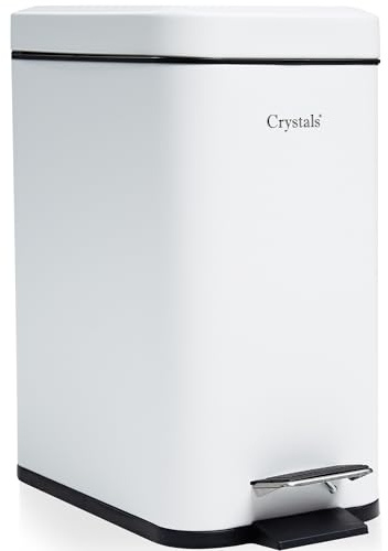Crystals Soft Close Bin, 3L Rectangular Bathroom Bin – Slim Stainless Steel Compact Waste Bin for Office & Small Spaces (WHITE)