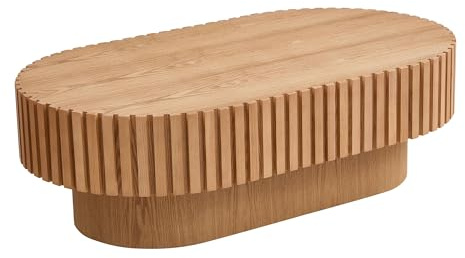 Oval Fluted Coffee Table, Modern Minimalist Center Table with Solid Wood Stripe Accent, MDF with Wood Veneer Construction, Contemporary Accent Table for Living Room, Bedroom, and Office (Natural)