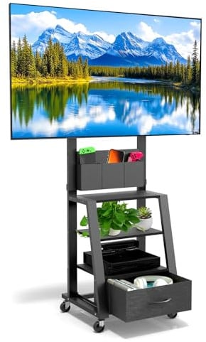 Mobile porta TV con ruote, cassetto e 3 ripiani per TV piatti/curvi da 23-60, mas 72 kg, LCD/LED/OLED. Carrello mobile con altezza regolabile per casa, ufficio e esterni, VESA mas 400x400mm, nero