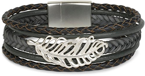 styleBREAKER Armband mit Feder Schmuck Element, Flechtoptik, geflochten, Magnetverschluss, Wickelarmband, Damen 05040106, Farbe:Dunkelgrau