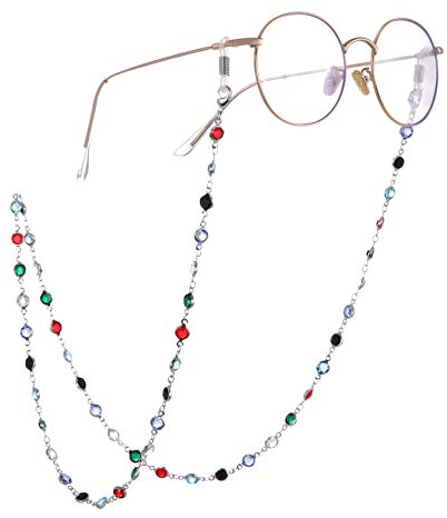 TEAMER Mode bunte Brillenkette Sonnenbrillenband Brillenhalter Kristall Statement Perlen Lesung böhmischen Glasband für Frauen Mädchen(Silber mit weißem Gummi)